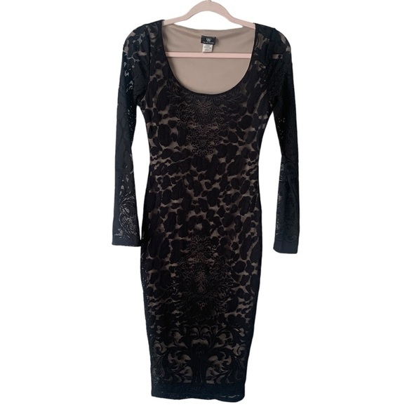Va Va Voom Black Lace Long Sleeve Nude Liner Bodycon Midi Scoop Neck Dress Sz M - Picture 1 of 10